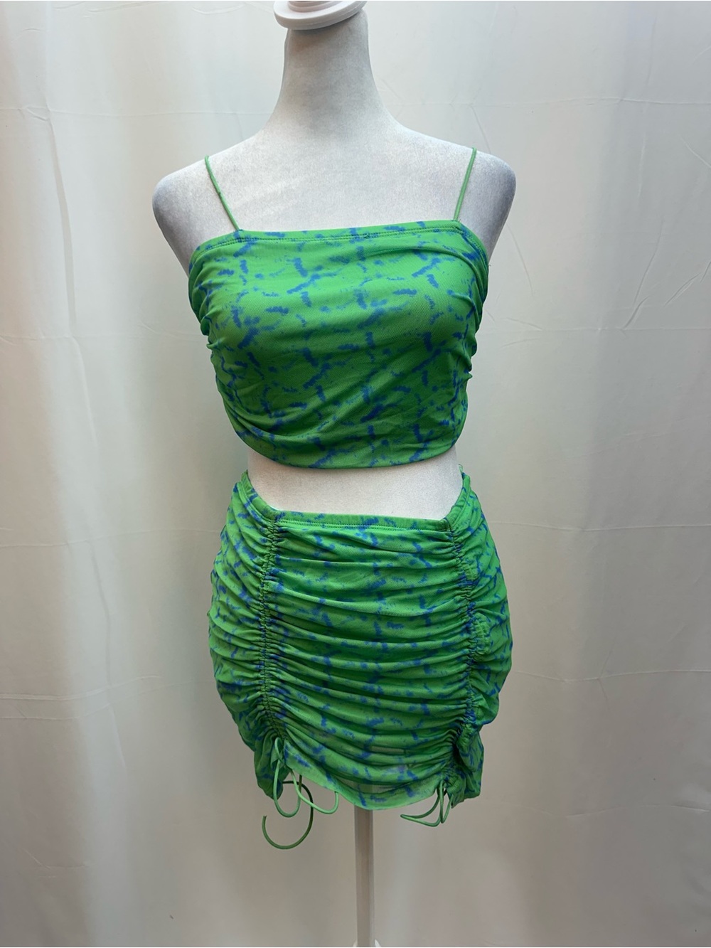 Adika Green Blue Spotted Ruched Two-Piece Skirt Set S